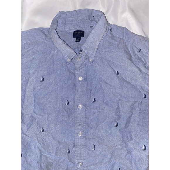 J. CREW Flex Chambray Blue SAILBOAT Print Button Down Shirt Size Large 16-16.5 - Picture 2 of 9
